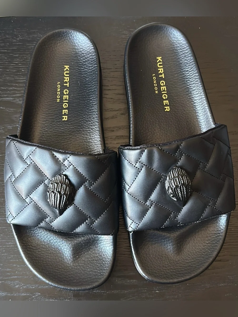 Kurt Geiger Milo Eagle Black Quilted Slide Sandals with Eagle